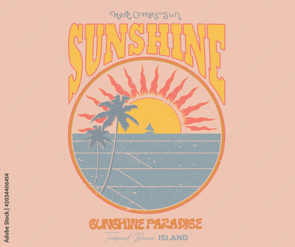 Obraz premium Summer good vibes vector graphic design for apparel, stickers, posters, background and others. Sunshine retro design. Surf club artwork. Paradise life abstract artwork.