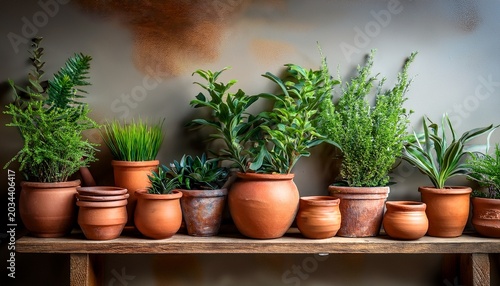 rustic terracotta pots and lush green plants displayed on weathered wooden shelves