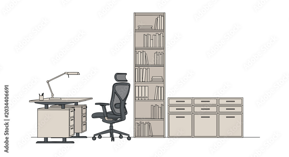 Fototapeta premium Clean workstation setup featuring a modern desk, ergonomic task chair, tall bookshelf, and wide filing cabinet system.