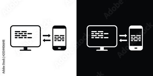Flat vector icon of laptop and smartphone transferring data with bidirectional arrows. Modern symbol for cross-device synchronization, file sharing, mobile responsive design, and digital connectivity.