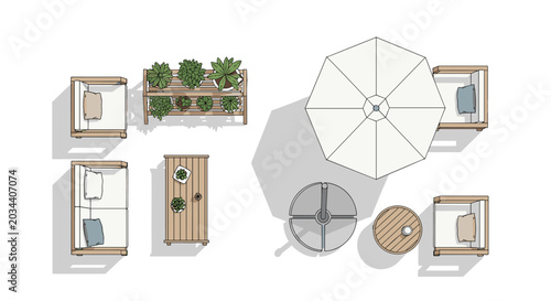 Overhead floor plan view of an outdoor patio furniture arrangement featuring a sofa, armchairs, a dining set, and plants.