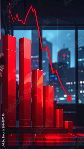 Dramatic Red Bar Chart Falling in Nighttime Office City View