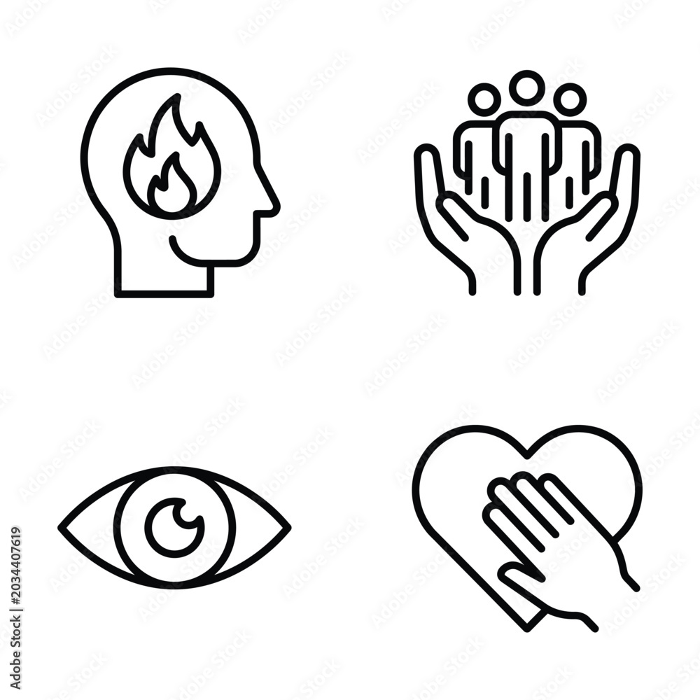 Obraz premium Head with flame hands holding people eye hand on heart icons line art flat design observation compassion business