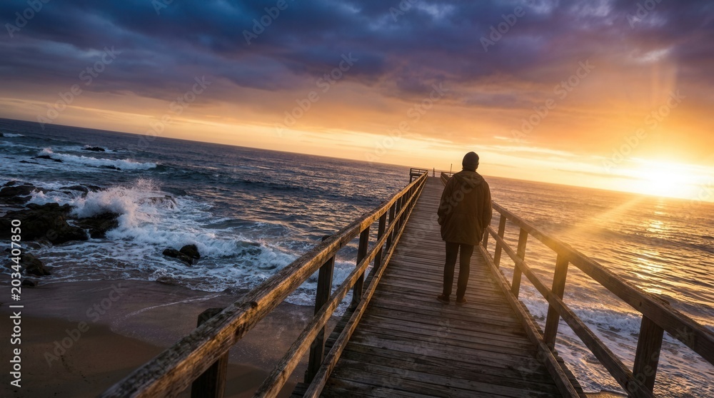 Fototapeta premium Solitary Figure Walks Towards Horizon Over Ocean Pier at Sunset
