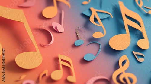 Colorful paper music notes float across a gradient background. Soft pastel hues blend from warm to cool tones. Handcrafted cutouts appear layered with depth and texture. Ideal for musical, creative