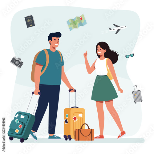 Happy Young Travelers with Luggage Planning Vacation Trip – Flat Vector Illustration