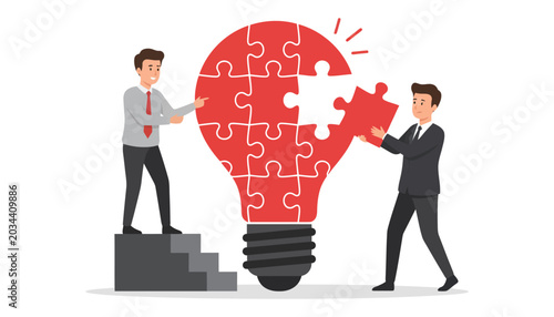 Obraz na plátně Two businessmen completing puzzle lightbulb teamwork concept