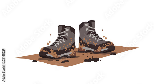 Tableau sur toile Muddy Hiking Boots Resting on Dirt Patch, Outdoor Adventure Gear