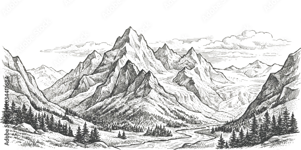 Fototapeta premium Hand drawn mountain valley landscape sketch with river evergreen forest trees and dramatic peaks