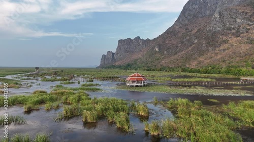 Aerial Drone View Of Bueng Bua Wetlands Thailand
Aerial drone footage of Bueng Bua Wood Boardwalk wetlands and limestone mountains in Thailand on 19 May 2026.
