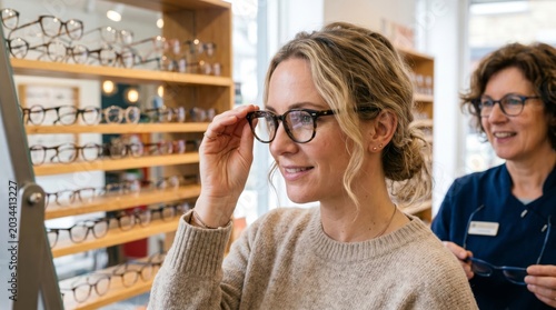 Woman trying on eyeglasses in an optical store. Optometrist helping female customer choose new frames. Ophthalmology clinic visit for vision test and health check. Eyewear fashion retail.