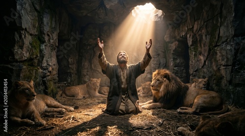 Biblical man praying in lion den. Religious scene depicting Daniel in den of lions with divine light streaming down into cave. Faith, miracle, divine protection and biblical story concept.