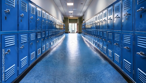 blue metal lockers lining nondescript high school hallway with windows high school lockers metal blue hallway