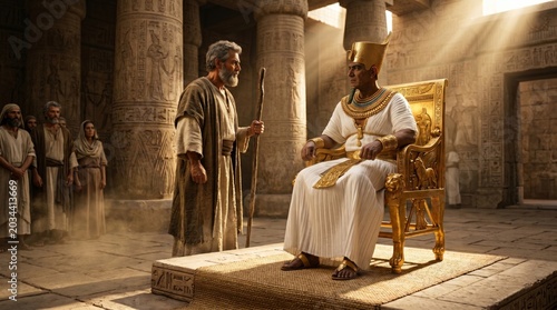 Moses talking to pharaoh sitting on throne in ancient Egyptian temple. Biblical prophet meeting ruler. Religious scene illustrating encounter of power, faith, leadership and history.