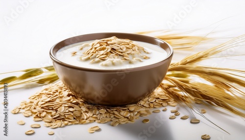 portion of oat milk on white background slective focus