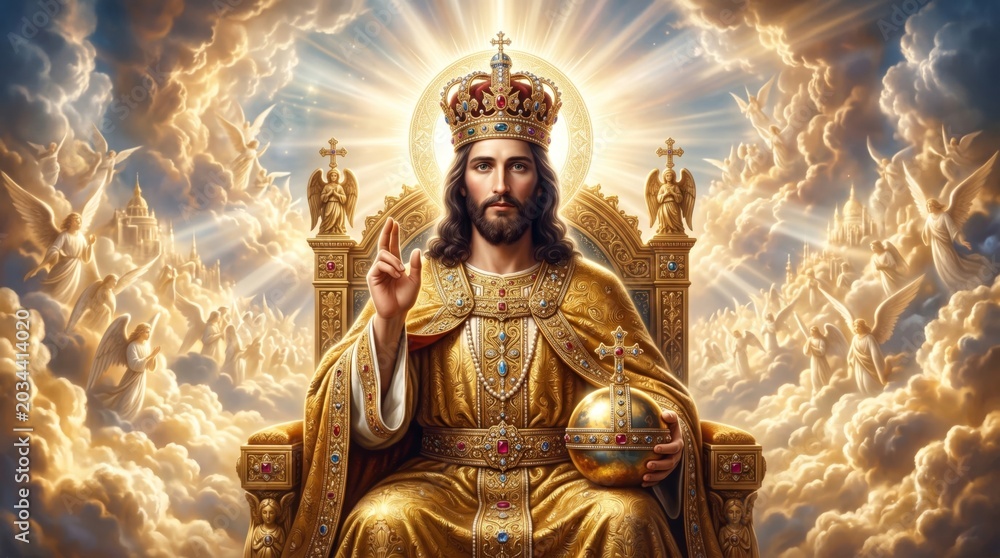 Obraz premium Jesus Christ sitting on a heavenly throne. Savior wearing a golden crown and robes in heaven with angels. Religious art for Christian worship, Easter, Christmas and spiritual faith.