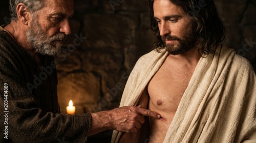 Man touching wound on side of Jesus. Biblical scene of Thomas apostle examining scars after resurrection. Faith, religion and spiritual concept. Middle eastern history reenactment.