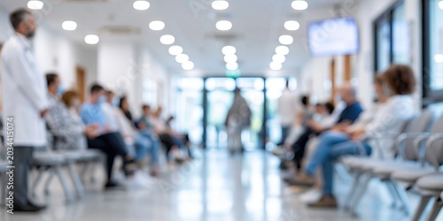 hospital waiting room, patients sitting in chairs, a doctor is standing at one end, bright, clean and modern, blurred background