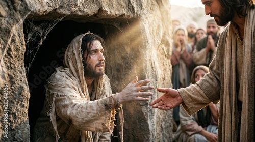 Jesus Christ raising man from tomb. Biblical scene of miracle resurrection of Lazarus. Religious concept of hope, faith and divine power. Illustration for Easter and church event.