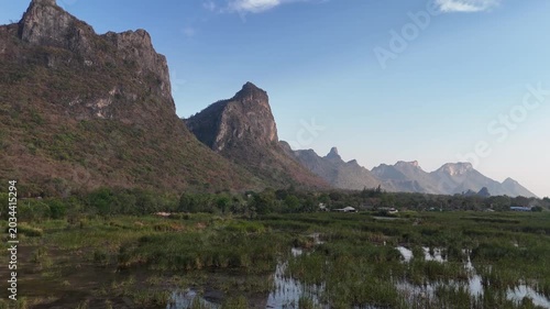 Aerial Drone View Of Bueng Bua Wetlands Thailand
Aerial drone footage of Bueng Bua Wood Boardwalk wetlands and limestone mountains in Thailand on 19 May 2026.
