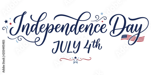 Independence Day July 4th calligraphy typography on white background with decorative elements