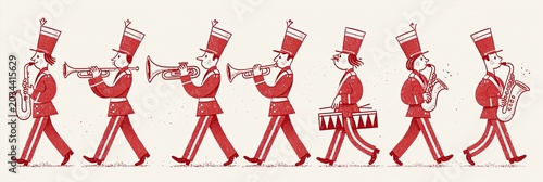 Marching band - group of people walking in unison with matching outfits playing musical instruments - 2D animation cartoon