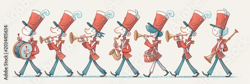 Marching band - group of people walking in unison with matching outfits playing musical instruments - 2D animation cartoon