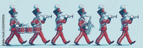 Marching band - group of people walking in unison with matching outfits playing musical instruments - 2D animation cartoon