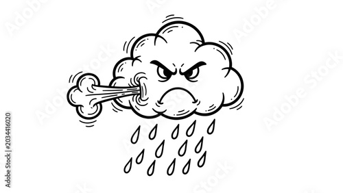 Tableau sur toile An angry cartoon cloud with a furious face, blowing wind and raining heavily, symbolizing a stormy and unpleasant weather condition