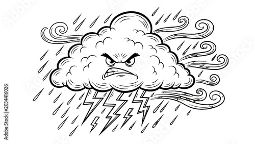 Quadro em tela An angry, stormy cloud with lightning, heavy rain, and strong winds depicted in a black and white illustration