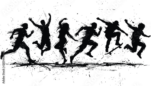 Foto Silhouette of six people jumping in the air with dynamic brush strokes