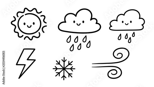 Tableau sur toile A charming collection of hand-drawn weather icons, featuring a smiling sun, two rain clouds, a lightning bolt, a snowflake, and wind swirls, perfect for educational or decorative purposes