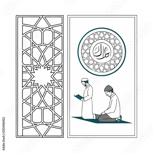 Foto Islamic prayer concept illustration with worshipers and traditional geometric pa