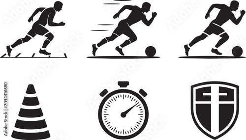 Sports training icons runner on agility ladder, soccer player with ball, cone, stopwatch, and shield and icon, and in outline and solid styles