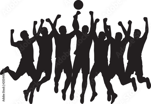 Tableau sur toile Team of 8 athletes jumping in unison with a ball in the air, celebrating a win i