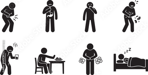 Foto Food poisoning and stomach ache stickman icons set