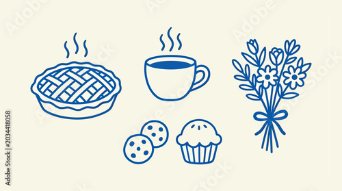Fotografie Set of handdrawn vector icons featuring a lattice pie, a steaming cup of coffee,