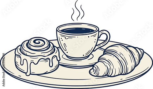 Quadro su tela Hand drawn illustration of a breakfast set with a cup of coffee, a cinnamon roll
