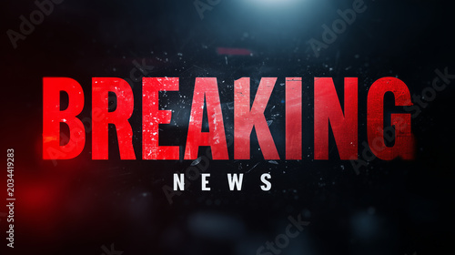 Breaking News Banner Graphic with Large Textured Red Bold Typography and Small White Text on Dark Cinematic Background.