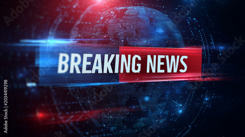 Breaking News Lower Third Banner on Split Red and Blue Rectangular Overlay with Digital 3D Hologram Globe Background.
