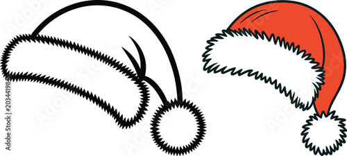 Bild auf Leinwand Red santa hat and outline santa hat with pom-pom christmas illustration seasonal