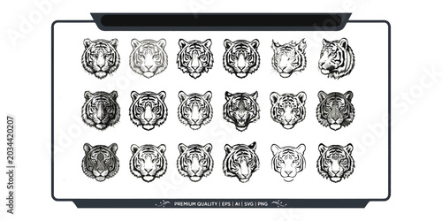 Photography Tiger Face Line Icons Set Geometric Wild Cat Head Minimalist Black and White Vec