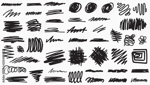 Collection of Black Hand Drawn Scribble Lines and Shapes on White Background Keywords: scribble, hand drawn, sketch