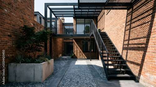 Contemporary urban residence design showcasing contrasting textures of rustic brick industrial metalwork and modern glass elements