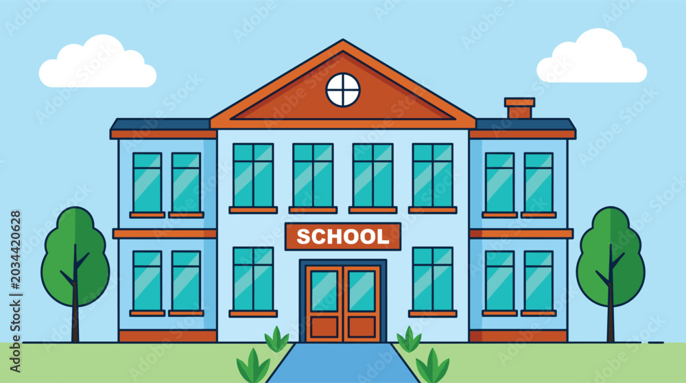 Obraz premium Flat vector illustration of a two story school building facade with blue walls orange roof green trees and white clouds on blue sky background