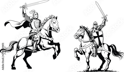 Картината върху платно Knights templar on horses with swords raised crusader equestrian medieval religi