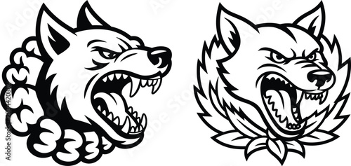 Photos Angry wolf heads illustration with wild animal aggressive growling snarling fero