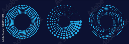 Bild auf Leinwand Set of three concentric halftone dot circles with varying density gradients in blue on light background
