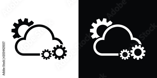 Foto Cloud engineering icon featuring an outline of a cloud surrounded by mechanical gears, representing data processing, system automation, and setup