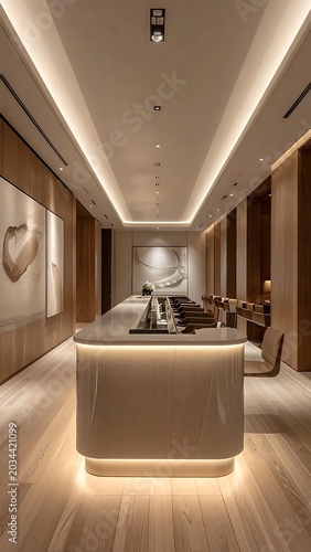 Elegant Minimalist Interior Featuring Illuminated Counter in Modern Wood Paneled Hallway